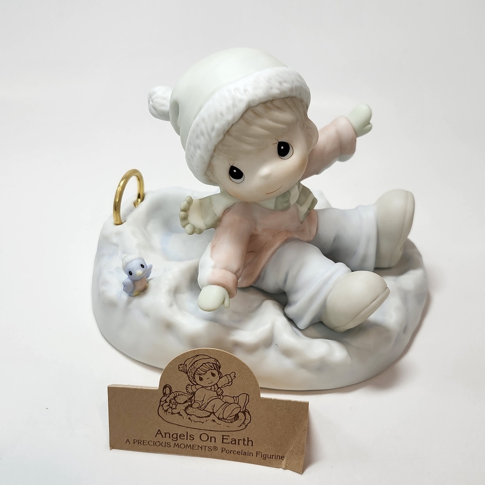 Precious Moments Porcelain,1996 Vtg Retire ANGEL ON EARTH, Boy & snow angel
